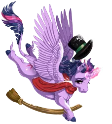 Size: 1506x1655 | Tagged: safe, artist:kittehkatbar, derpibooru import, twilight sparkle, twilight sparkle (alicorn), alicorn, classical unicorn, pony, broom, clothes, hat, leonine tail, lidded eyes, looking at you, magic, scarf, simple background, smiling, snow, snowfall, solo, spread wings, top hat, transparent background, unshorn fetlocks