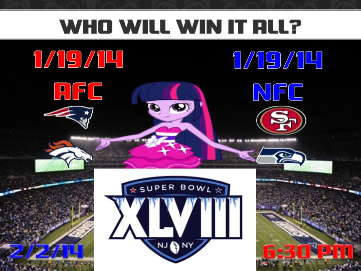 Size: 720x540 | Tagged: safe, artist:j4lambert, derpibooru import, twilight sparkle, equestria girls, 2014, afc, afc championship, american football, denver broncos, new england patriots, nfc, nfc championship, nfl, obligatory pony, playoffs, san francisco 49ers, seattle seahawks, super bowl, super bowl xlviii