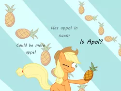 Size: 2500x1875 | Tagged: safe, artist:foxdeimos, derpibooru import, applejack, pony, abstract background, appul, hoof hold, meme, pineapple, pineapplejack, silly, silly pony, solo, special eyes, thinking, wink