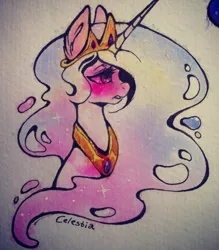 Size: 1280x1459 | Tagged: safe, artist:miikanism, derpibooru import, princess celestia, portrait, solo, traditional art, watercolor painting