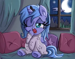 Size: 990x782 | Tagged: artist:daniel-sg, clothes, cute, derpibooru import, filly, hnnng, lunabetes, morning ponies, pajamas, princess luna, safe, solo, sweet dreams fuel, tired, woona, yawn