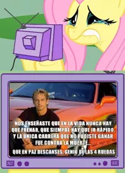 Size: 498x685 | Tagged: artist:bronynel, car, crying, death, derpibooru import, exploitable meme, fluttershy, meme, obligatory pony, paul walker, safe, spanish, the fast and the furious, toyota supra, tv meme
