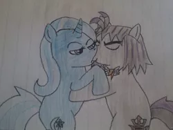 Size: 960x720 | Tagged: safe, artist:bronynel, derpibooru import, trixie, oc, oc:shooting star, canon x oc, kissing, shipping, traditional art