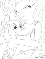 Size: 781x1022 | Tagged: ambiguous facial structure, anthro, artist:jonahkc-pkstarstorm, boob smothering, breasts, busty fluttershy, derpibooru import, female, fluttershy, flutterspike, male, monochrome, motorboating, shipping, spike, spikelove, straight, suggestive