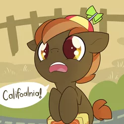 Size: 2000x2000 | Tagged: safe, artist:thenecrobalam, derpibooru import, button mash, earth pony, pony, buttonbetes, california, colt, cute, foal, hat, hooves, male, nintendo, open mouth, propeller hat, solo, speech bubble, teeth, the wizard