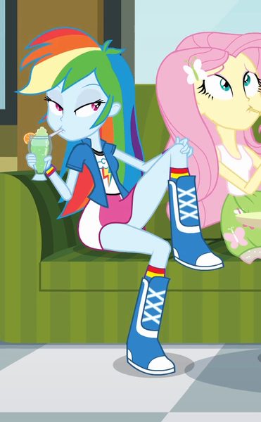 Size: 558x902 | Tagged: suggestive, derpibooru import, edit, edited screencap, screencap, fluttershy, rainbow dash, equestria girls, couch, drink, drinking, female, frown, leg focus, lidded eyes, milkshake, sitting, sitting pretty, wide eyes