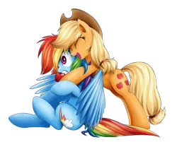 Size: 1500x1208 | Tagged: safe, artist:xioade, derpibooru import, applejack, rainbow dash, earth pony, pegasus, pony, apple, cute, dashabetes, eyes closed, female, freckles, gritted teeth, hat, hug, jackabetes, mare, open mouth, simple background, smiling, transparent background, wide eyes