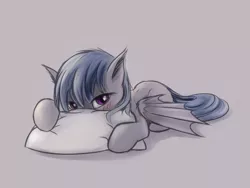Size: 1000x750 | Tagged: safe, artist:sokolas, derpibooru import, oc, unofficial characters only, bat pony, pony, bat pony oc, blue mane, blushing, gray coat, hiding, looking at you, pillow, prone, purple eyes, simple background, solo