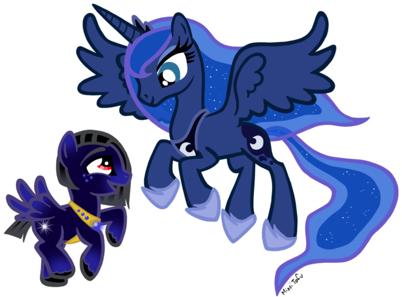 Size: 900x666 | Tagged: safe, artist:missitofu, derpibooru import, princess luna, oc, oc:sirius, alicorn, pony, simple background