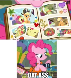 Size: 500x550 | Tagged: suggestive, derpibooru import, apple bloom, applejack, big macintosh, granny smith, pinkie pie, earth pony, pony, book, camera, dat butt, male, meme, pictures, pinkiemac, scrapbook, smug, stallion, straight