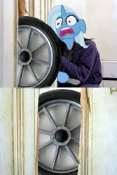 Size: 400x600 | Tagged: derpibooru import, parody, safe, scared, the shining, trixie, wheel, wheels trixie