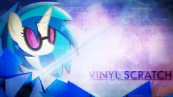 Size: 2560x1440 | Tagged: safe, artist:celysus, artist:kibbiethegreat, artist:visualizationbrony, derpibooru import, vinyl scratch, pony, unicorn, collaboration, female, glasses, horn, mare, smiling, solo, sunglasses, text, vector, wallpaper