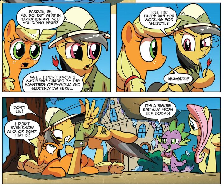 Size: 1004x835 | Tagged: safe, derpibooru import, idw, applejack, daring do, fluttershy, dragon, earth pony, pegasus, pony, spoiler:comic, spoiler:comic15, clothes, comic, female, hat, male, mare, official comic, pith helmet, quartet, schmarfelpod, speech bubble