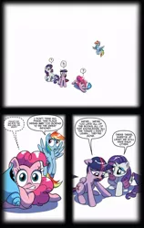 Size: 540x857 | Tagged: safe, artist:amy mebberson, derpibooru import, idw, pinkie pie, rainbow dash, rarity, twilight sparkle, twilight sparkle (alicorn), alicorn, earth pony, pegasus, pony, unicorn, spoiler:comic, spoiler:comic15, comic, female, fourth wall, mare, official comic, seashell, simple background, speech bubble, void, white background