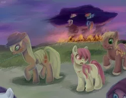 Size: 900x700 | Tagged: dead source, safe, artist:dzmaylon, derpibooru import, apple bloom, applejack, big macintosh, fluttershy, pinkie pie, rainbow dash, rarity, scootaloo, earth pony, pony, blood, cloud, cloudy, cut, destruction, fire, floppy ears, injured, male, rain, series finale, stallion, walking