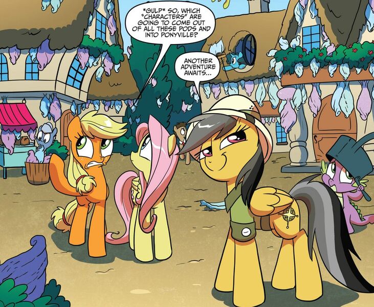Size: 1046x858 | Tagged: safe, derpibooru import, idw, applejack, daring do, doctor whooves, fluttershy, spike, time turner, dragon, earth pony, pegasus, pony, unicorn, spoiler:comic, spoiler:comic15, clothes, cocoon, dexterous hooves, female, hat, male, mare, official comic, pith helmet, pod, ponyville, schmarfelpod, speech bubble
