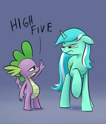 Size: 1181x1377 | Tagged: safe, derpibooru import, lyra heartstrings, spike, dragon, pony, unicorn, annoyed, dialogue, female, floppy ears, high five, looking at each other, lyra is not amused, male, mare, not cool, smug, teasing, unamused