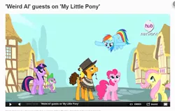 Size: 935x591 | Tagged: safe, derpibooru import, screencap, boneless, cheese sandwich, fluttershy, pinkie pie, rainbow dash, twilight sparkle, twilight sparkle (alicorn), alicorn, pony, pinkie pride, female, mare, rubber chicken, the man with no name, weird al yankovic