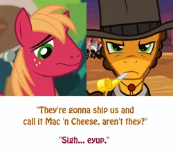 Size: 574x520 | Tagged: safe, derpibooru import, big macintosh, cheese sandwich, earth pony, pony, pinkie apple pie, pinkie pride, gay, joke shipping, mac n cheese, male, pun, shipping, stallion