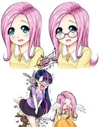 Size: 703x903 | Tagged: animal, artist:go-it, bad touch, bestiality, blushing, clothes, covering, crying, derpibooru import, embarrassed, fluttershy, glasses, human, humanized, humping, interspecies, molestation, pixiv, rabbit, signed, skirt, suggestive, twilight sparkle