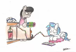 Size: 2045x1409 | Tagged: safe, artist:bobthedalek, derpibooru import, octavia melody, vinyl scratch, earth pony, pony, unicorn, apron, clothes, cupboard, dishes, duo, lazy, octavia is not amused, straw, traditional art, unamused