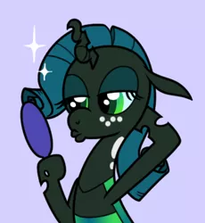 Size: 362x393 | Tagged: artist:syggie, ask the changeling princess, changeling, changeling queen, cute, cutealis, derpibooru import, duckface, female, filly, filly queen chrysalis, foal, freckles, hairstyle, implied rarity, mirror, nymph, princess chrysalis, queen chrysalis, safe, solo, younger