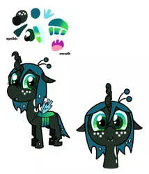 Size: 600x700 | Tagged: artist:syggie, ask the changeling princess, changeling, changeling queen, crown, cute, cutealis, derpibooru import, eyelid, fangs, female, filly, filly queen chrysalis, foal, freckles, jewelry, looking at you, mouth, nymph, queen chrysalis, reference sheet, regalia, safe, simple background, small wings, smiling, smiling at you, solo, text, white background, wings, younger
