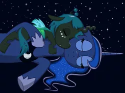 Size: 679x502 | Tagged: safe, artist:syggie, derpibooru import, princess luna, queen chrysalis, alicorn, changeling, changeling queen, nymph, pony, ask the changeling princess, clothes, crown, cute, cutealis, duo, duo female, eyes closed, female, filly, filly queen chrysalis, foal, freckles, jewelry, mare, necklace, regalia, shoes, sky, sleeping, sleeping together, small wings, smiling, snuggling, stars, wings, younger