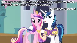 Size: 848x477 | Tagged: derpibooru import, image macro, princess cadance, quote, safe, seems legit, shining armor, troll quote, vulgar