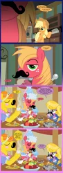 Size: 1050x2900 | Tagged: safe, artist:edowaado, derpibooru import, applejack, big macintosh, carrot cake, smarty pants, spike, earth pony, pony, apple, clothes, comic, crossdressing, dress, froufrou glittery lacy outfit, gravy, gravy boat, guys night out, hennin, hilarious in hindsight, male, manly, moustache, muffin, stallion, table, tea, tea party, teacup