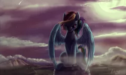 Size: 1500x900 | Tagged: artist:zilvart, backlighting, blood, dark, derpibooru import, evil, moon, rainbow dash, semi-grimdark, sitting, solo, spread wings