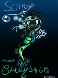 Size: 480x640 | Tagged: artist needed, ask the changeling princess, bubble, cute, cutealis, derpibooru import, fangs, female, filly, filly queen chrysalis, foal, freckles, gradient background, looking at you, merpony, nymph, princess chrysalis, queen chrysalis, safe, signature, small wings, smiling, solo, species swap, swimming, text, underwater, wings, younger