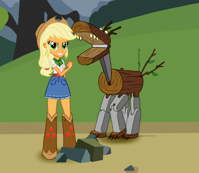 Size: 1310x1141 | Tagged: safe, artist:asdf314159265, derpibooru import, applejack, equestria girls, spike at your service, belt, boots, clothes, cowboy hat, denim skirt, equestria girls interpretation, freckles, hat, miniskirt, scene interpretation, shoes, skirt, solo, stetson, timber wolf puppet