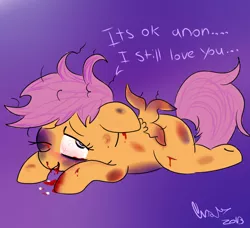 Size: 870x792 | Tagged: abuse, artist:therainbowtroll, black eye, blood, bruised, crying, derpibooru import, floppy ears, grimdark, messy mane, nosebleed, oc, oc:anon, prone, scootabuse, scootaloo, smiling, solo, stockholm syndrome, tears of blood, teeth