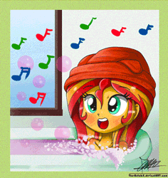 Size: 363x385 | Tagged: safe, artist:the-butch-x, derpibooru import, sunset shimmer, equestria girls, animated, bath, bubble, cute, shimmerbetes, singing, solo, towel