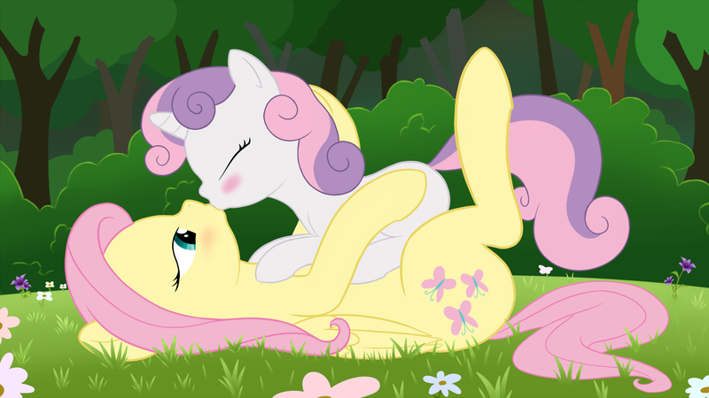 Size: 1920x1080 | Tagged: safe, artist:zippysqrl, derpibooru import, fluttershy, sweetie belle, pegasus, pony, unicorn, age difference, bedroom eyes, blushing, bush, explicit source, eyes closed, fallen angels, fanfic art, fanfic cover, female, filly, filly on mare, flower, flutterbelle, foalcon, grass, kissing, lesbian, mare, meadow, on back, on top, outdoors, shipping, show accurate, tree