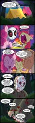 Size: 571x2000 | Tagged: semi-grimdark, artist:madmax, derpibooru import, apple bloom, applejack, pinkie pie, earth pony, human, pony, blood, comic, crossover, female, filly, friday the 13th, jason voorhees, mare, tent