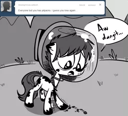 Size: 770x700 | Tagged: safe, artist:tess, derpibooru import, oc, unofficial characters only, ask hobo pony, hobo pony, monochrome, solo, tumblr