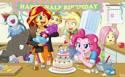 Size: 1100x684 | Tagged: safe, artist:uotapo, derpibooru import, applejack, fluttershy, pinkie pie, pound cake, pumpkin cake, rainbow dash, rarity, sunset shimmer, equestria girls, apple, applejack's hat, birthday, cake, clothes, cooking, cowboy hat, crying, cute, drool, equestria girls-ified, female, food, freckles, funny face, happy birthday, hat, implied flutterbat, jacket, laughing, male, no pupils, nose in the air, one eye closed, oven, pulling, shirt, skirt, smoke, sunset helper, tears of laughter, tongue out, toque