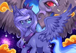 Size: 1024x717 | Tagged: safe, artist:jiayi, derpibooru import, nightmare moon, princess luna, alicorn, pony, colored pupils, evil grin, female, grin, looking at you, mare, red eyes, s1 luna, smiling, spread wings, wings