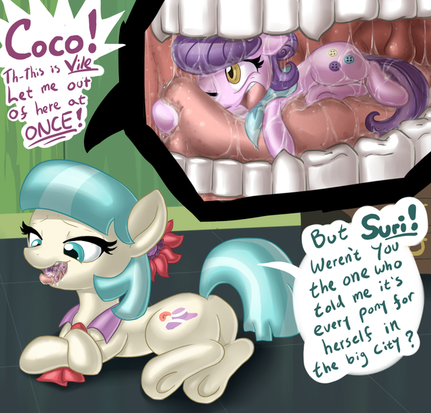 Size: 1000x958 | Tagged: questionable, artist:cottoncandy, derpibooru import, coco pommel, suri polomare, drool, drool string, esophagus, fetish, gullet, internal, karma, kitchen eyes, micro, mucous, mucus, plot, slimy, smug, taste buds, teeth, tongue out, tongue play, uvula, vore, wingding eyes