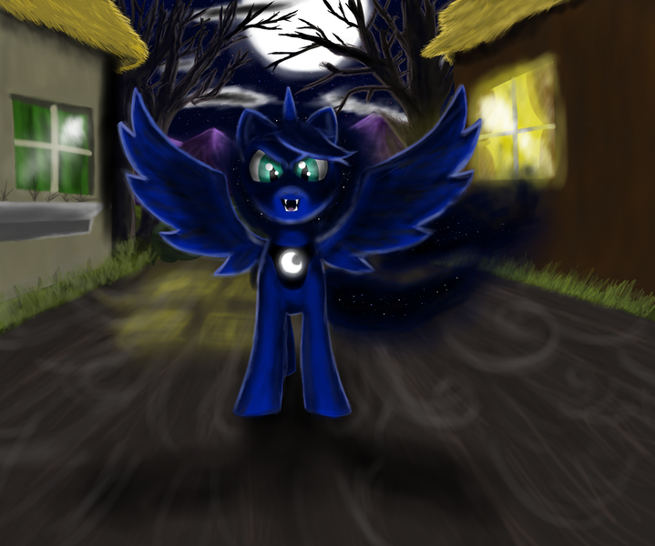 Size: 5000x4173 | Tagged: absurd resolution, artist:vladimir-zharkov, cloud, cloudy, derpibooru import, moon, night, nightmare night, ponyville, princess luna, safe, solo, stars, tree