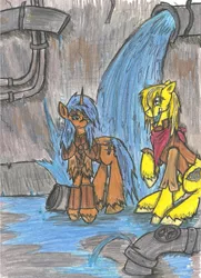 Size: 1573x2172 | Tagged: artist:zubias, derpibooru import, fallout equestria, oc, safe, traditional art, unofficial characters only, wet
