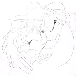 Size: 693x696 | Tagged: artist:mn27, c:, cute, derpibooru import, eyes closed, female, happy, hug, lesbian, lineart, momlestia, monochrome, nuzzling, pinkielestia, pinkie pie, princess celestia, safe, shipping, smiling, winghug