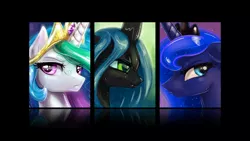 Size: 1600x900 | Tagged: safe, artist:kp-shadowsquirrel, artist:reddhero12, derpibooru import, princess celestia, princess luna, queen chrysalis, alicorn, changeling, changeling queen, pony, female, image, jpeg, mare, portrait, wallpaper