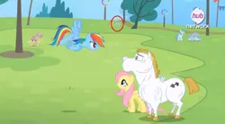 Size: 843x466 | Tagged: safe, derpibooru import, edit, edited screencap, screencap, bulk biceps, cloudchaser, dizzy twister, fluttershy, lightning bolt, orange swirl, rainbow dash, warm front, white lightning, pegasus, pony, rainbow falls, circled, ear piercing, earring, female, flying, hilarious in hindsight, irony, jewelry, male, mare, not derpy, piercing, stallion, vein