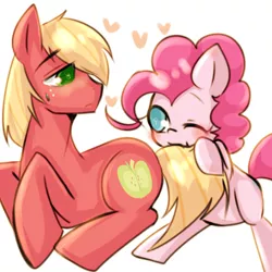 Size: 1000x1000 | Tagged: safe, artist:lessue, derpibooru import, big macintosh, pinkie pie, earth pony, pony, heart, male, pinkiemac, shipping, stallion, straight, tail bite