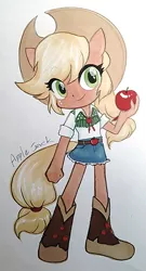 Size: 624x1152 | Tagged: safe, artist:shu, derpibooru import, applejack, human, equestria girls, apple, belt, boots, clothes, cowboy hat, eared humanization, freckles, hat, humanized, looking at you, miniskirt, obligatory apple, pixiv, ponied up, rolled up sleeves, shoes, skirt, smiling, solo, stetson, tail, tailed humanization