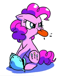 Size: 252x318 | Tagged: safe, derpibooru import, idw, pinkie pie, crab, angry, conch, cropped, glare, hermit crab, raspberry, shell, sitting, solo, tongue out