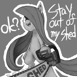 Size: 1000x1000 | Tagged: semi-grimdark, artist:30clock, derpibooru import, fluttershy, pony, .mov, shed.mov, bipedal, chainsaw, monochrome, pixiv, solo, stay out of my shed, yandere